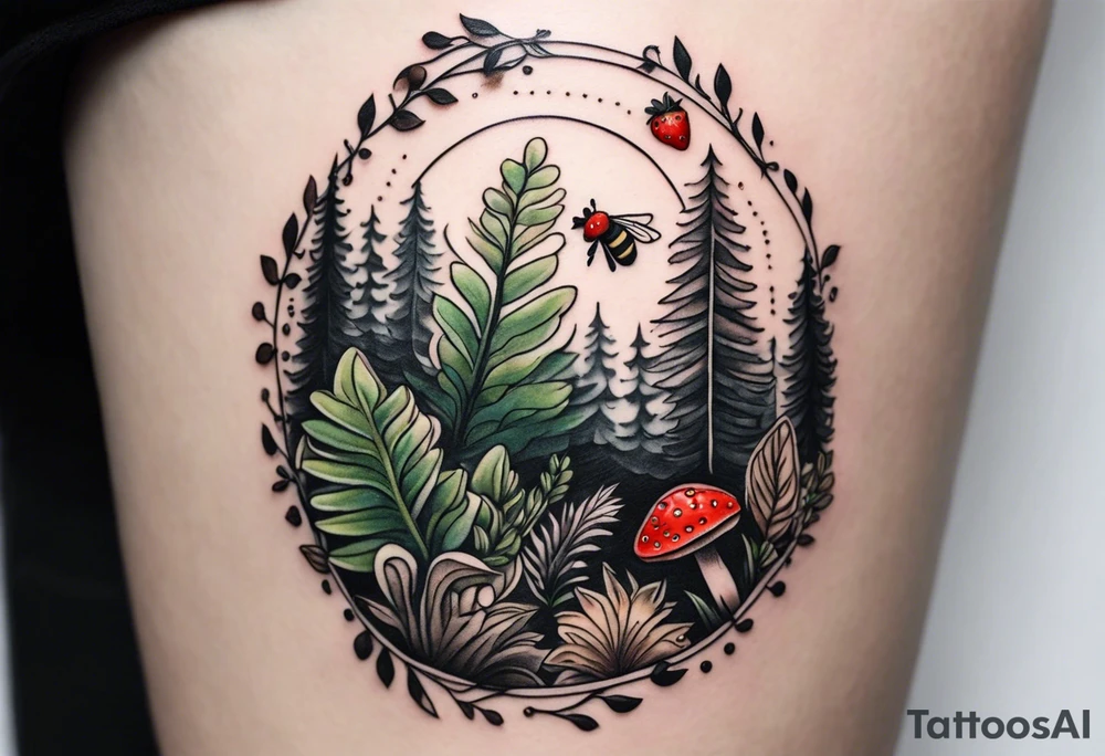 forest floor inspired minimalist tattoo, which includes grass, curly ferns and dead leaves as the bulk of the tattoo. details to include: three very tiny strawberries, a tiny bumblebee flying nearby, three small brown mushrooms tattoo idea