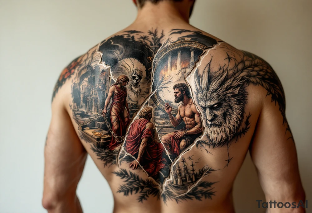 Design a full back tattoo that represents the struggles of betrayal, financial loss, relationship breakup, loss of job, loss of self, and death of a loved one, inspired by Greek mythology and art. The tattoo should be reminiscent of a Greek painting, particularly illustrating the trials of Hercules. Each struggle should be depicted as a symbolic labor, with each one portrayed as a scene on the back. For example:

Betrayal: A scene of a broken, jagged heart surrounded by shadows, with a figure turned away in mistrust.
Financial Loss: A treasure chest overturned, with coins spilling out, and a figure kneeling in despair.
Relationship Breakup: Two intertwined figures tearing apart, with one side showing broken chains or a shattered heart.
Loss of Job: A man in tattered clothing, walking away from a ruined, burning building.
Loss of Self: A figure looking at their shattered reflection in a broken mirror, symbolizing identity lost.
Death of a Loved One: A scene of a person in mourning, standing by a grave, with a winged figure representing the spirit of the deceased.
Ensure the design has an ancient, classical Greek aesthetic, with detailed lines, natural poses, and a narrative flow, similar to the style of ancient Greek pottery or frescoes." tattoo idea