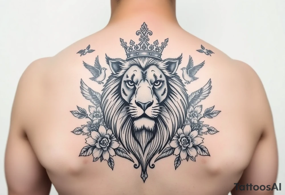 powerful majestic lion with a crown, surrounded by floral ornaments and birds tattoo idea