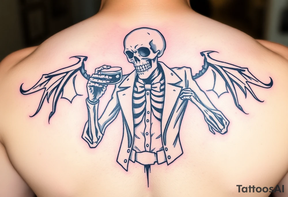 evil skeleton in clothes getting drunk tattoo idea