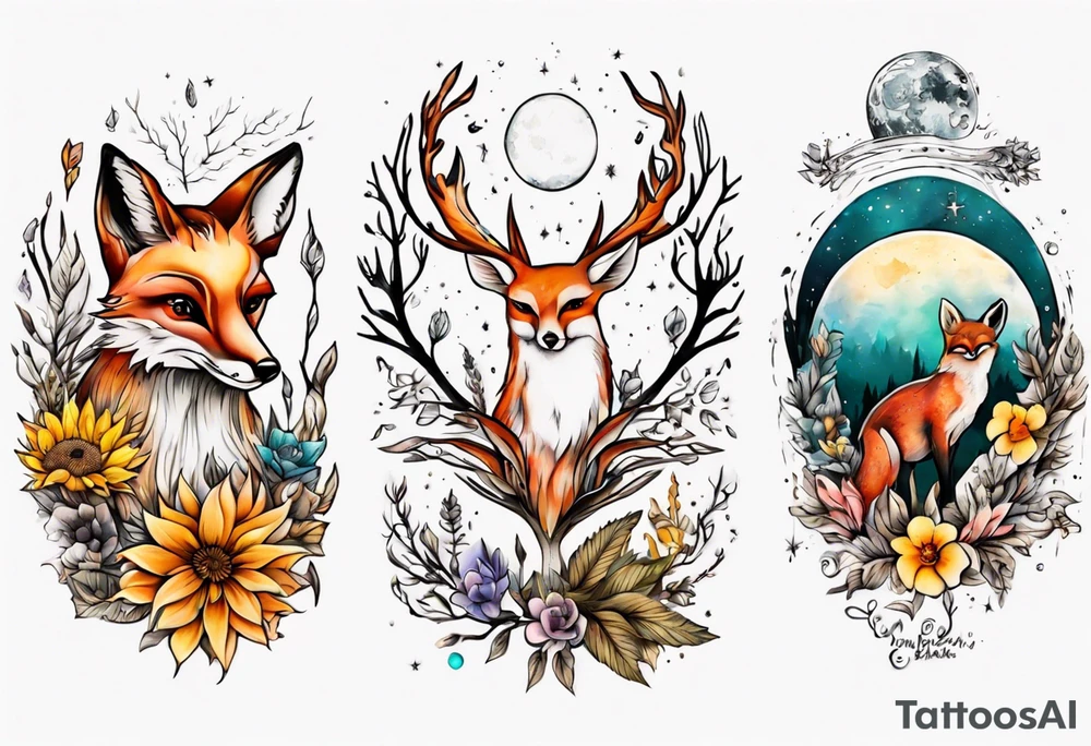 wasser sonne und mond fuchs eule kolibri wald hirsch blume des lebens 
baum berlin tattoo idea