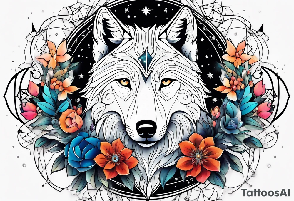 Constellation, animal wolf snow , géométric , flower tattoo idea
