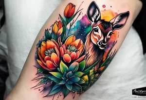 Watercolour style arm tattoo with pineapples and tulips under Amsterdam canal in space featuring wildlife, stag deer and pineapples tattoo idea