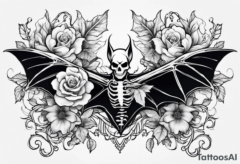 Flowers vines skeleton bat tattoo idea