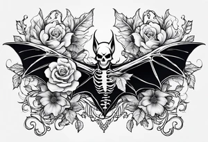 Flowers vines skeleton bat tattoo idea