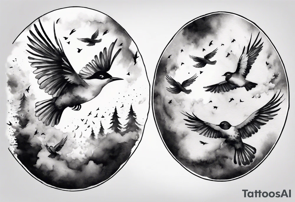 shoulder tattoo with light rays with birds flying free among the clouds, round shape, 3d effect tattoo idea