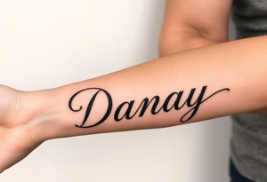 the name Danay, with a background other cool designs that fills up the whole forearm tattoo idea