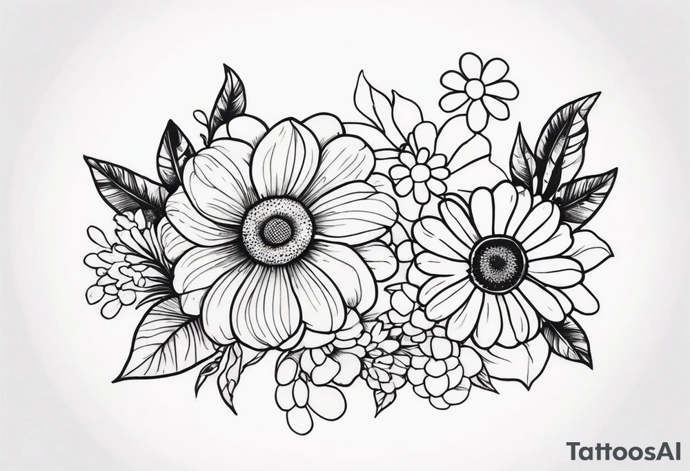 tattoo to represent that I have 3 children (girls). For inspiration I like flowers, the beach. Tattoo is for ribcage down side of body. I don't want images of women or girls in it. I want it pretty. To include daisy flowers, roses tattoo idea