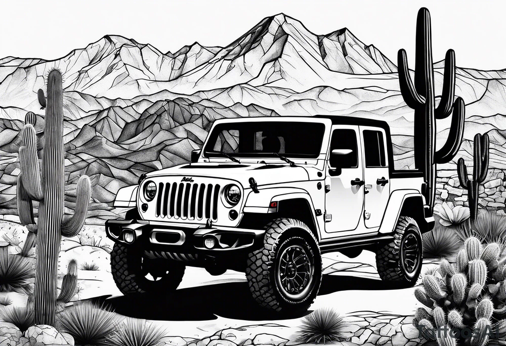 A dessert mountain with a jeep gladiator beside a cactus donkey tattoo idea
