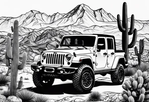 A dessert mountain with a jeep gladiator beside a cactus donkey tattoo idea