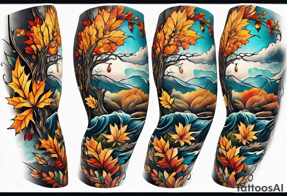 Knee tattoo with fall colors showing leaves, flowers, water flow and sky tattoo idea