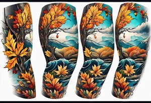 Knee tattoo with fall colors showing leaves, flowers, water flow and sky tattoo idea