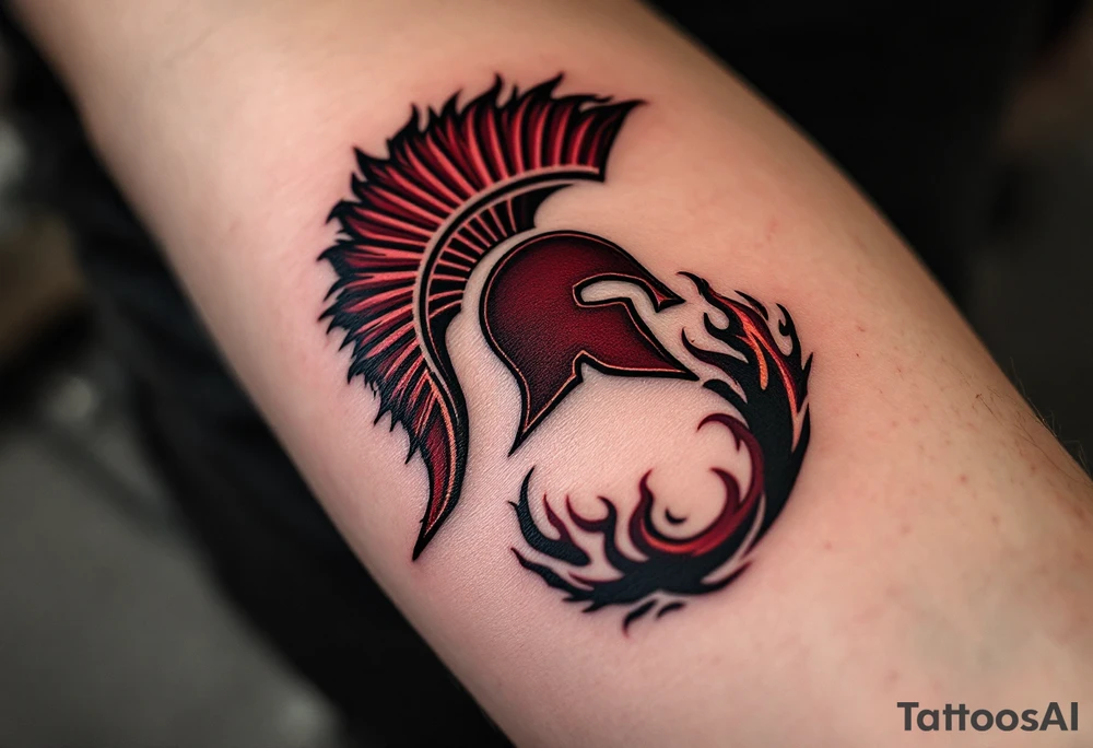 A bold red and burgundy Sparta “S” crest wrapped in black flames on the forearm. tattoo idea