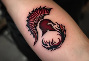 A bold red and burgundy Sparta “S” crest wrapped in black flames on the forearm. tattoo idea