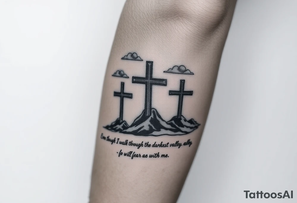 3 large crosses, clouds, even though I walk through the darkest valley, I will fear no evil, for you are with me tattoo idea