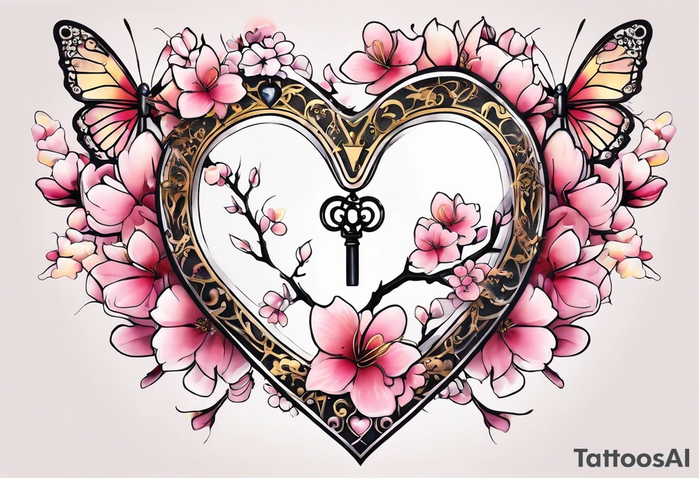 Cherry Blossom Tattoo with a key that unlocks a heart surrounded by white butterflies and in a golden aura tattoo idea