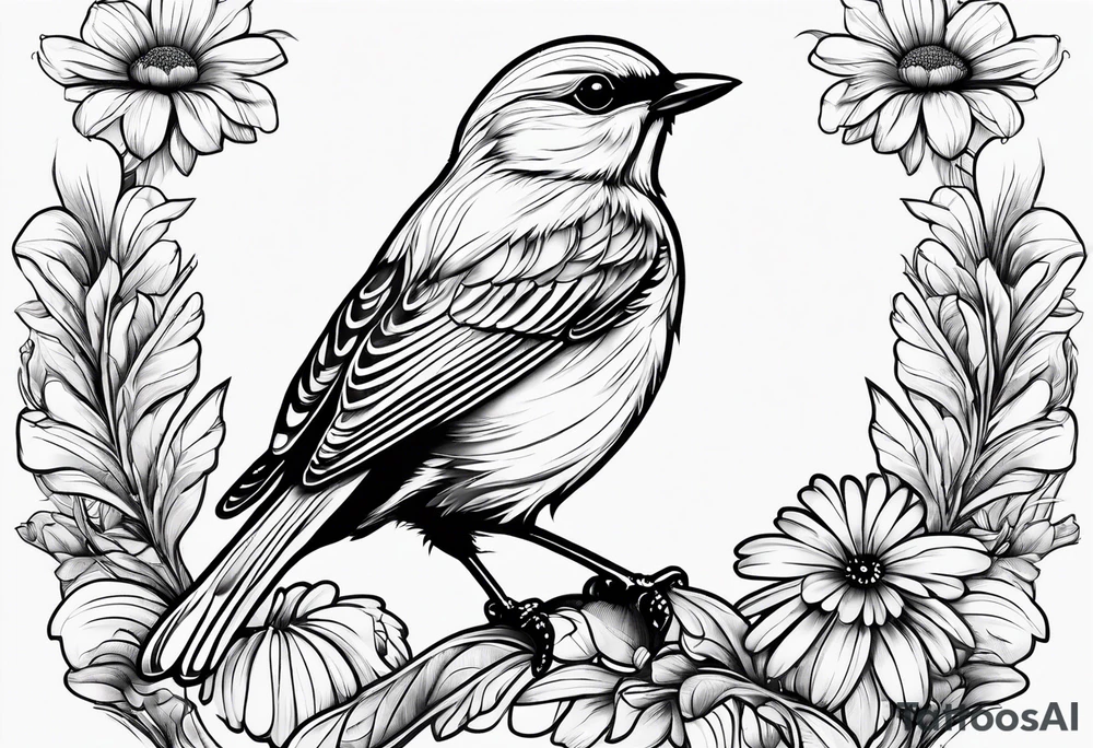 Little bird outlined perched on grass and daisy tattoo idea