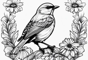 Little bird outlined perched on grass and daisy tattoo idea