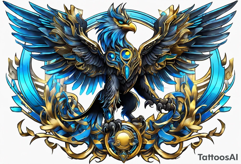 black cyber matallic griffin with golden and silver accents and blue neon tattoo idea