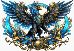 black cyber matallic griffin with golden and silver accents and blue neon tattoo idea