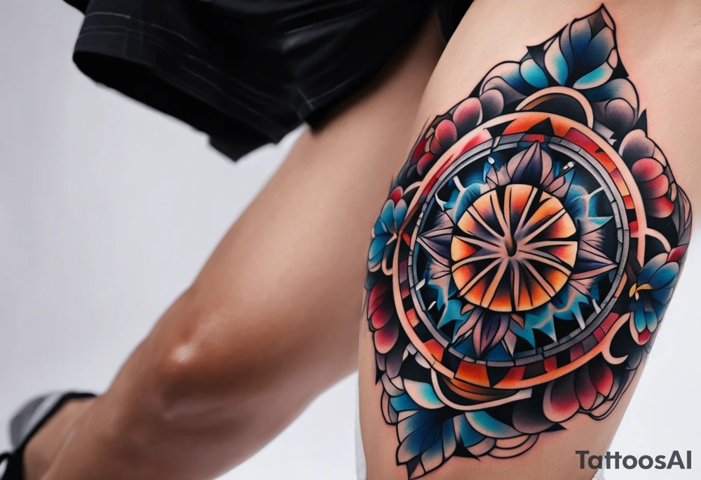 semi Detailed neo traditional knee tattoo flat on paper. The tattoo features geometric patterns and bold lines, creating a visually striking design with slight tints of deep fall colors. The background 
outside the tattoo features deep blues washes and water swirls tattoo idea