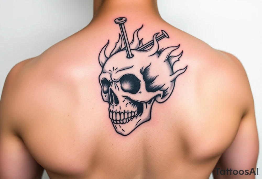 Flaming skull with nail in head tattoo idea