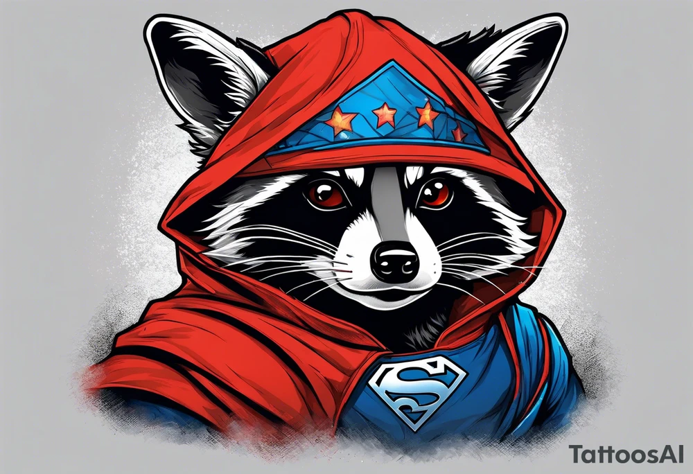 raccoon wearing a Superman hoodie tattoo idea