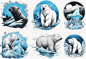 arm tattoo of weather and a little musclar polar bear and ice berg and some nature make colors primary black and white with a little blue tattoo idea