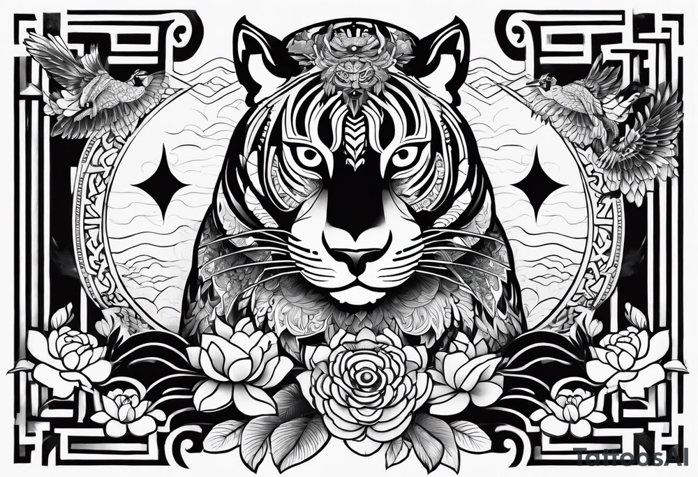 Japanese traditional style black and white Hamsa with tiger and crane fighting inside tattoo idea