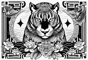 Japanese traditional style black and white Hamsa with tiger and crane  fighting inside tattoo idea
