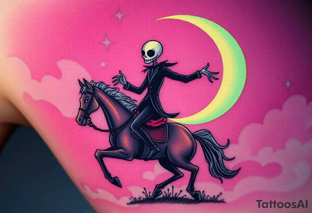 Tim Burton’s headless horseman is riding in the night he holds his head in hand as his horse bucks upwards and dripping with muted reds, dusty pinks, and eerie green glow.purple and cyan smokey clouds swirl in the crescent moonlit sky thats sprinkled with stars tattoo idea tattoo idea