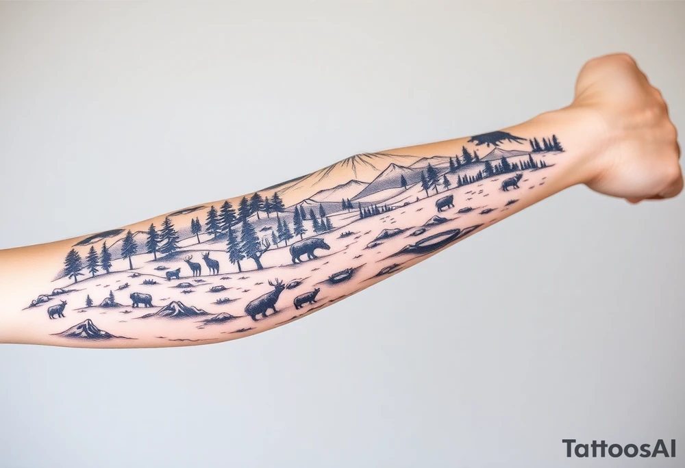 A full-sleeve with the Härjedalen landscape, reindeer, bear, lakes, mountains (Helags), tattoo idea