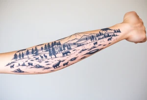 A full-sleeve with the Härjedalen landscape, reindeer, bear, lakes, mountains (Helags), tattoo idea