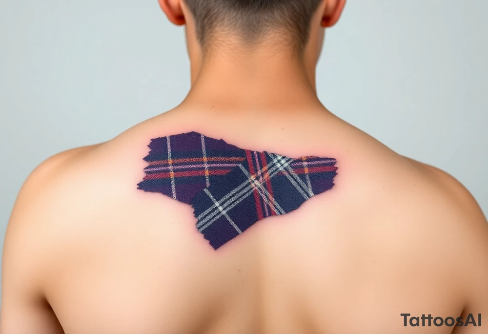 Dark Purple tartan fabric on bicep with skin ripping back to reveal tartan underneath tattoo idea