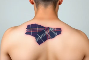 Dark Purple tartan fabric on bicep with skin ripping back to reveal tartan underneath tattoo idea