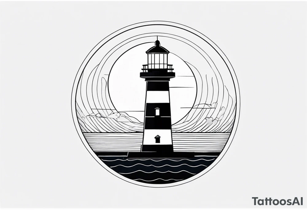lighthouse geometric in fluid lines and circle framed tattoo idea