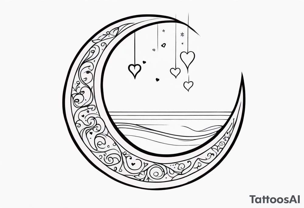 Crescent moon with hearts dangling from the bottom of it tattoo idea
