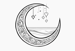 Crescent moon with hearts dangling from the bottom of it tattoo idea
