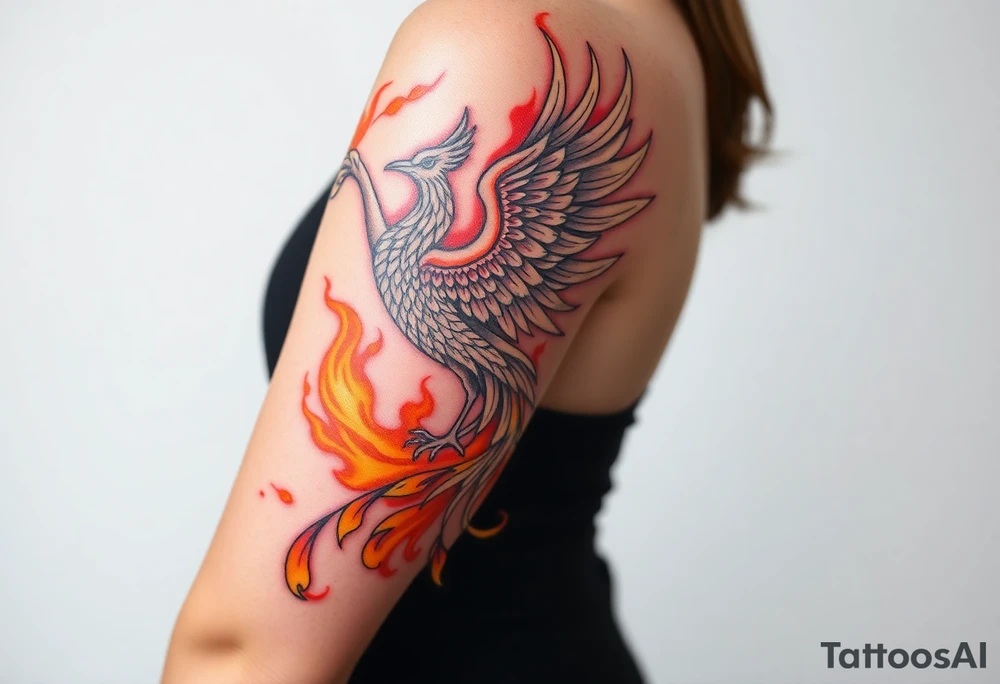 magnificent phoenix rising from golden flames with trailing embers tattoo idea