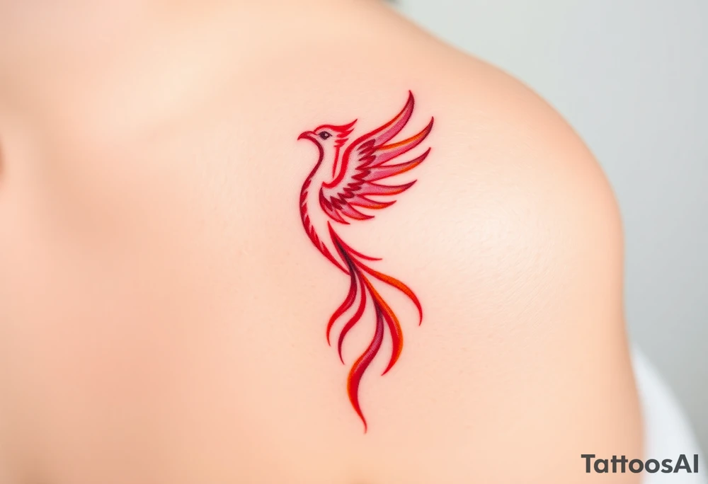 Phoenix rising from the ashes with the colors red, pink, orange and purple. Size 3 cm wide and 5 cm high tattoo idea
