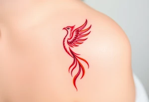 Phoenix rising from the ashes with the colors red, pink, orange and purple. Size 3 cm wide and 5 cm high tattoo idea