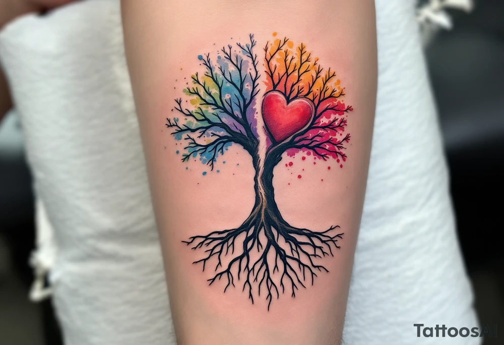 Watercolor tree halves with root-formed hearts on the ribs connect you as one growing life. tattoo idea