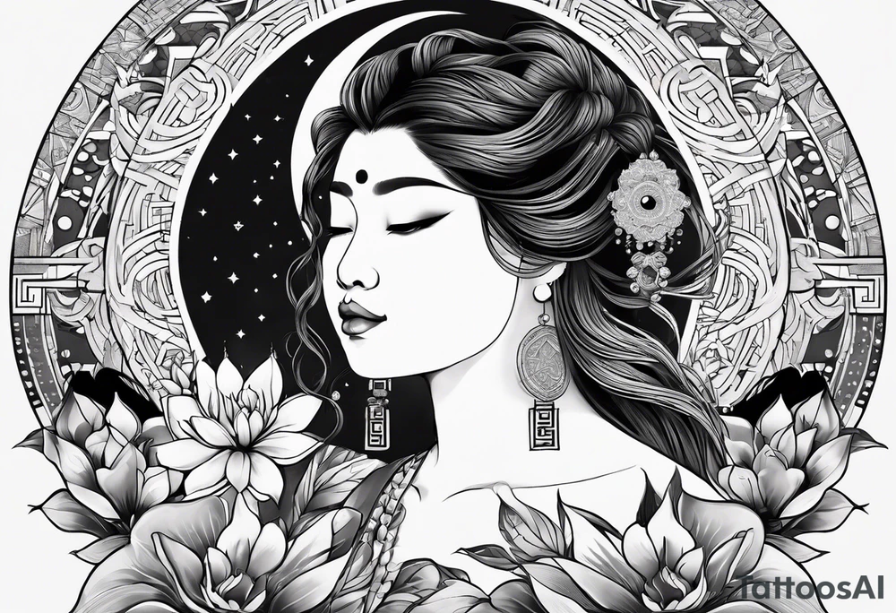 Very asymmetrical, +geometric pattern, with realistic full moon, with hippo at side look, +zen feel, + Buddhism touch, +tribal, +geometric, +inkart , +blackwork
with wintersweet flower bud, +portrait orientation, +inkart touch, tattoo idea