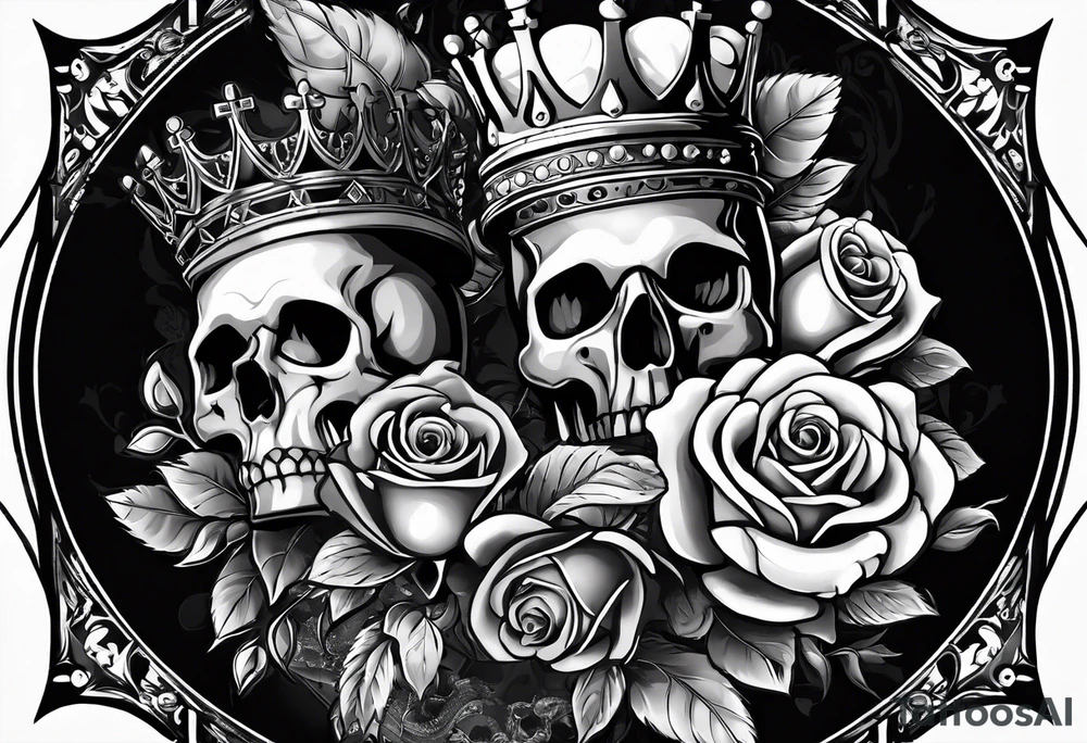 Kind and queen chess with a rose and king skull in the back round ( for a forearm) tattoo idea