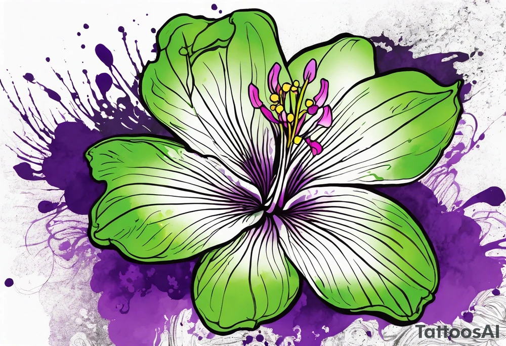 An outline of a rio dipladenia flower with a green and purple watercolor splash in the background tattoo idea