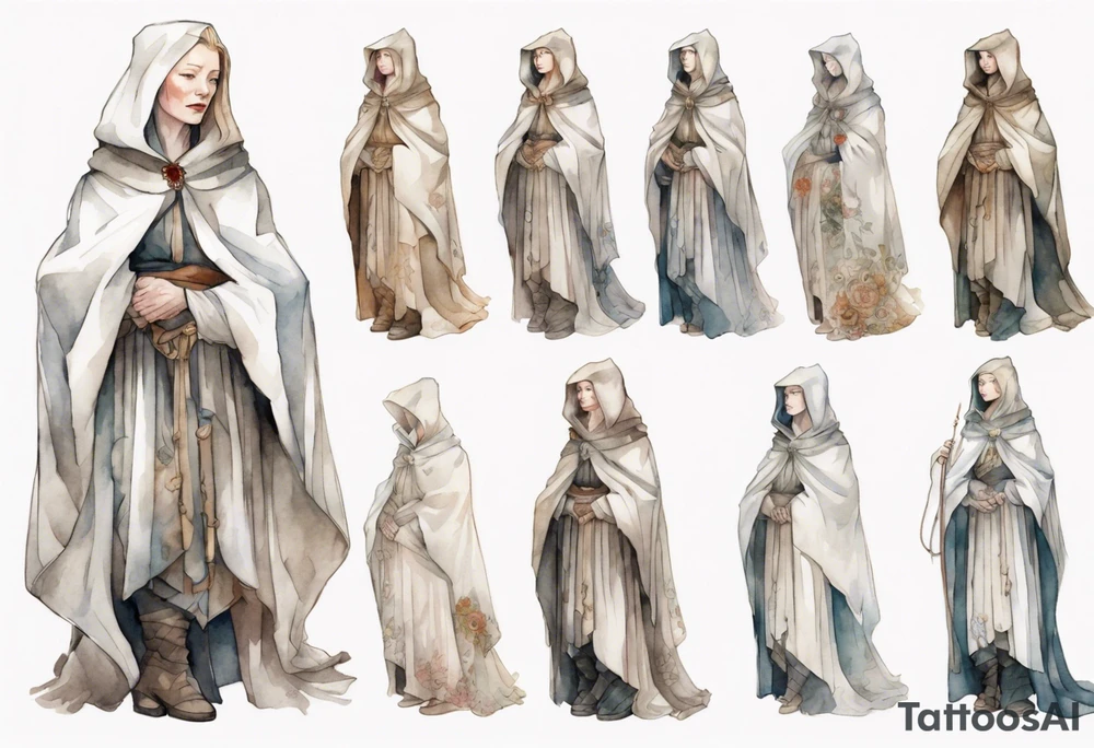 medieval Cate Blanchett dressed in white cloak, sad tattoo idea