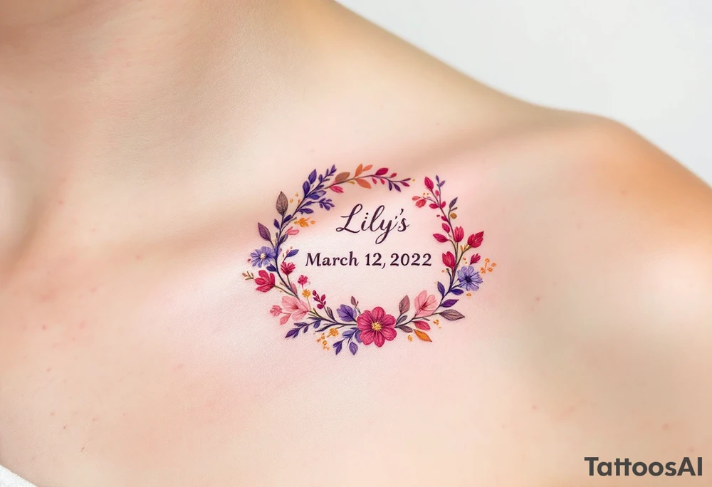 Lily's Birthdate (March 12, 2022) – A delicate rose pink and lavender floral design encircles Lily's birthdate in elegant cursive, with tiny gold accents around the numbers. tattoo idea