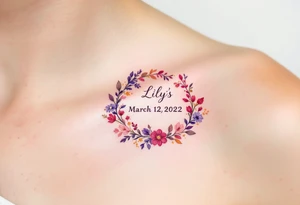 Lily's Birthdate (March 12, 2022) – A delicate rose pink and lavender floral design encircles Lily's birthdate in elegant cursive, with tiny gold accents around the numbers. tattoo idea