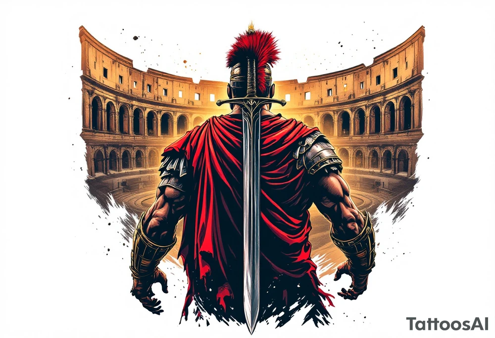 Roman gladiator from behind holding a broadsword in front of the Colliseum arena tattoo idea