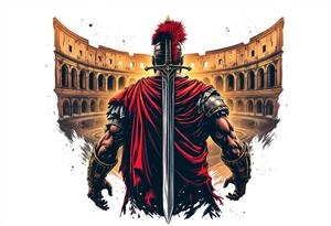 Roman gladiator from behind holding a broadsword in front of the Colliseum arena tattoo idea